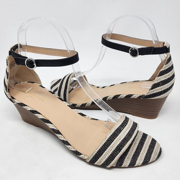 Ann Taylor Factory Wedge Sandals Women 9M Cream Black Striped Ankle Strap Shoes - Picture 2 of 10